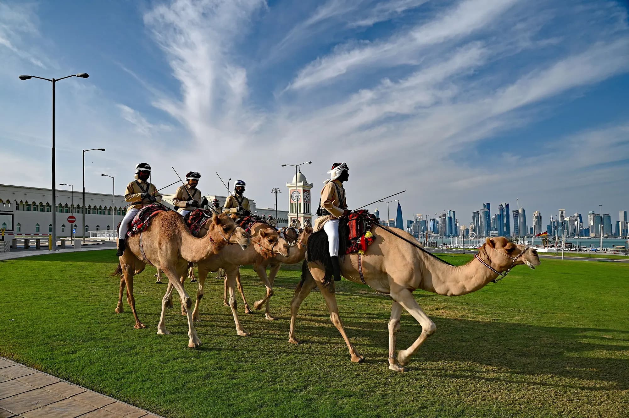 Camel riders on the Doha Corniche lawn with the skyline behind