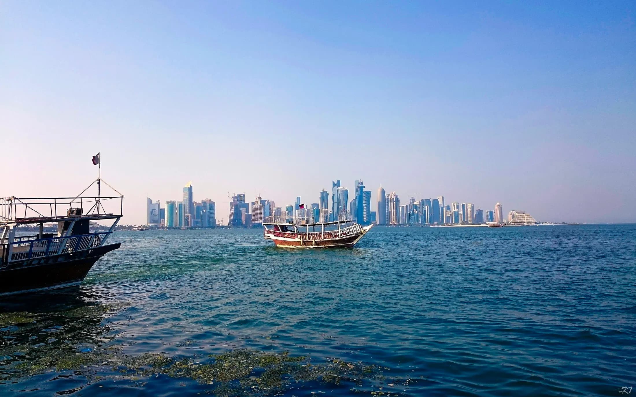 Dhow on Doha Bay with the West Bay skyline